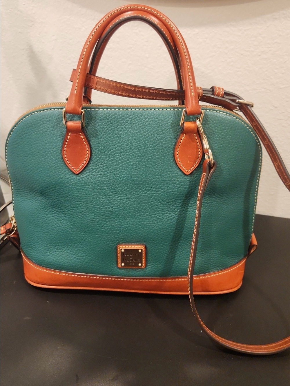 Dooney & Bourke Teal and Tan Leather Dome Satchel
